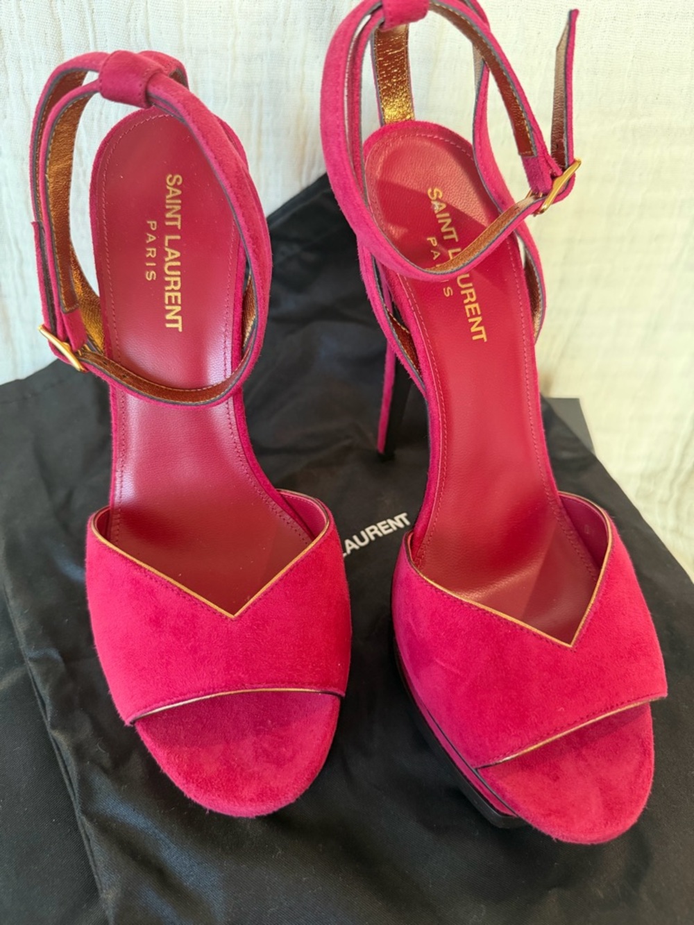 Saint Laurent Berry Red Suede Ankle-Strap Heels with Gold Trim